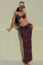 Halter Bow Front Ruched Waist Marble Print Maxi Skirt Two Piece Set