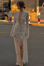 Floral Lace Deep V-Neck Lace Up Bell Sleeve High Split Maxi Dress