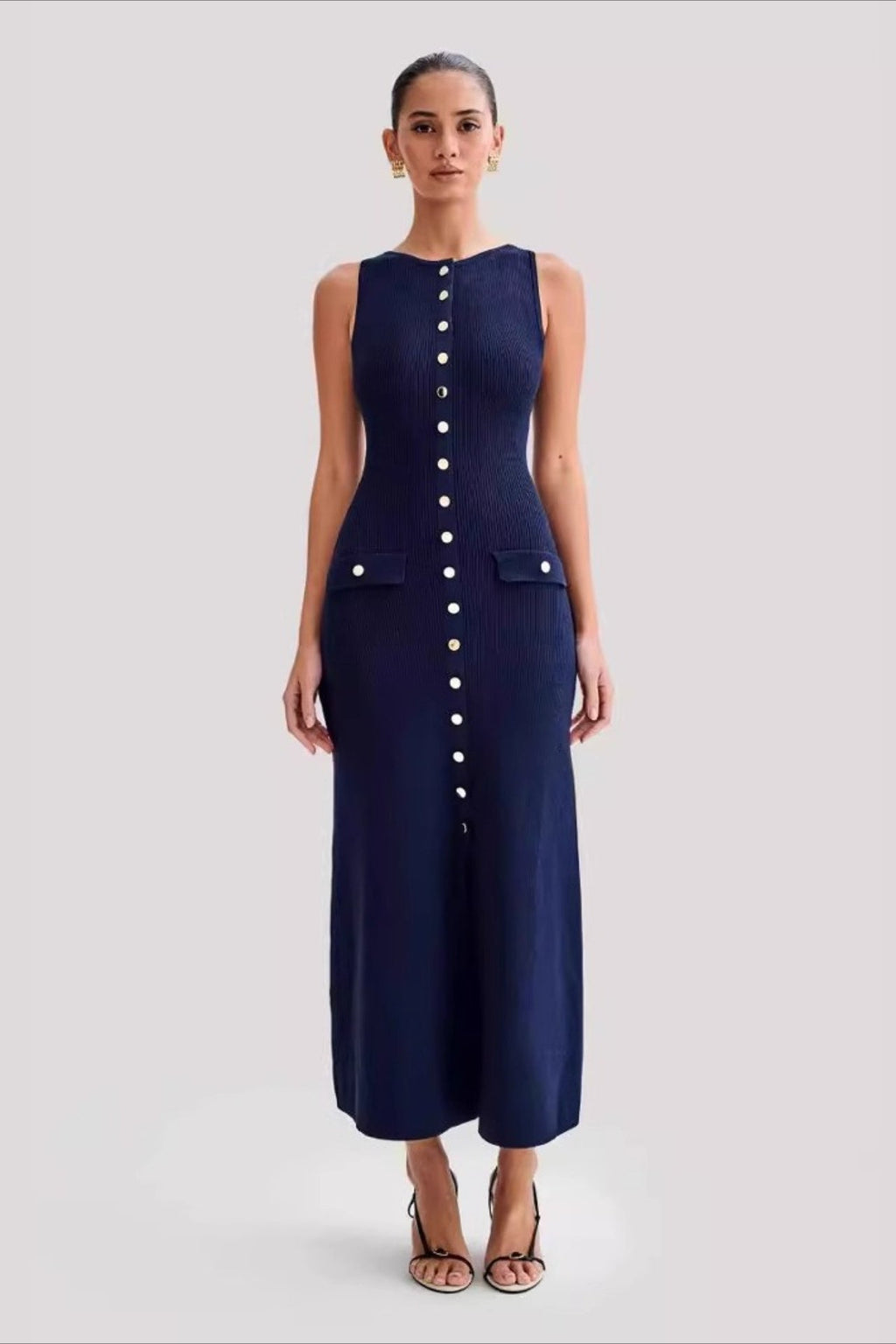 Ribbed Knit Button Front Crew Neck Pocket Bodycon Midi Dress