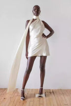 Satin One Shoulder High Neck Sash Detail Backless Mini Cocktail Dress