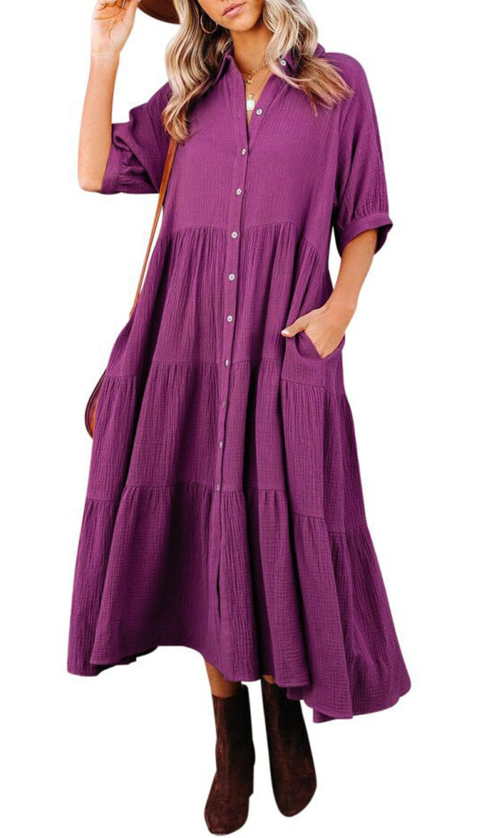 Gauze Button Front Collar Half Sleeve Tiered Pocket Midi Dress