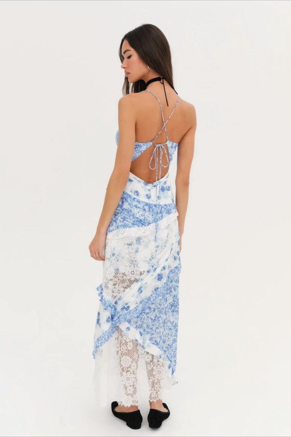 Deep V Neck Tie Front Patchwork Floral Lace Tiered Maxi Dress