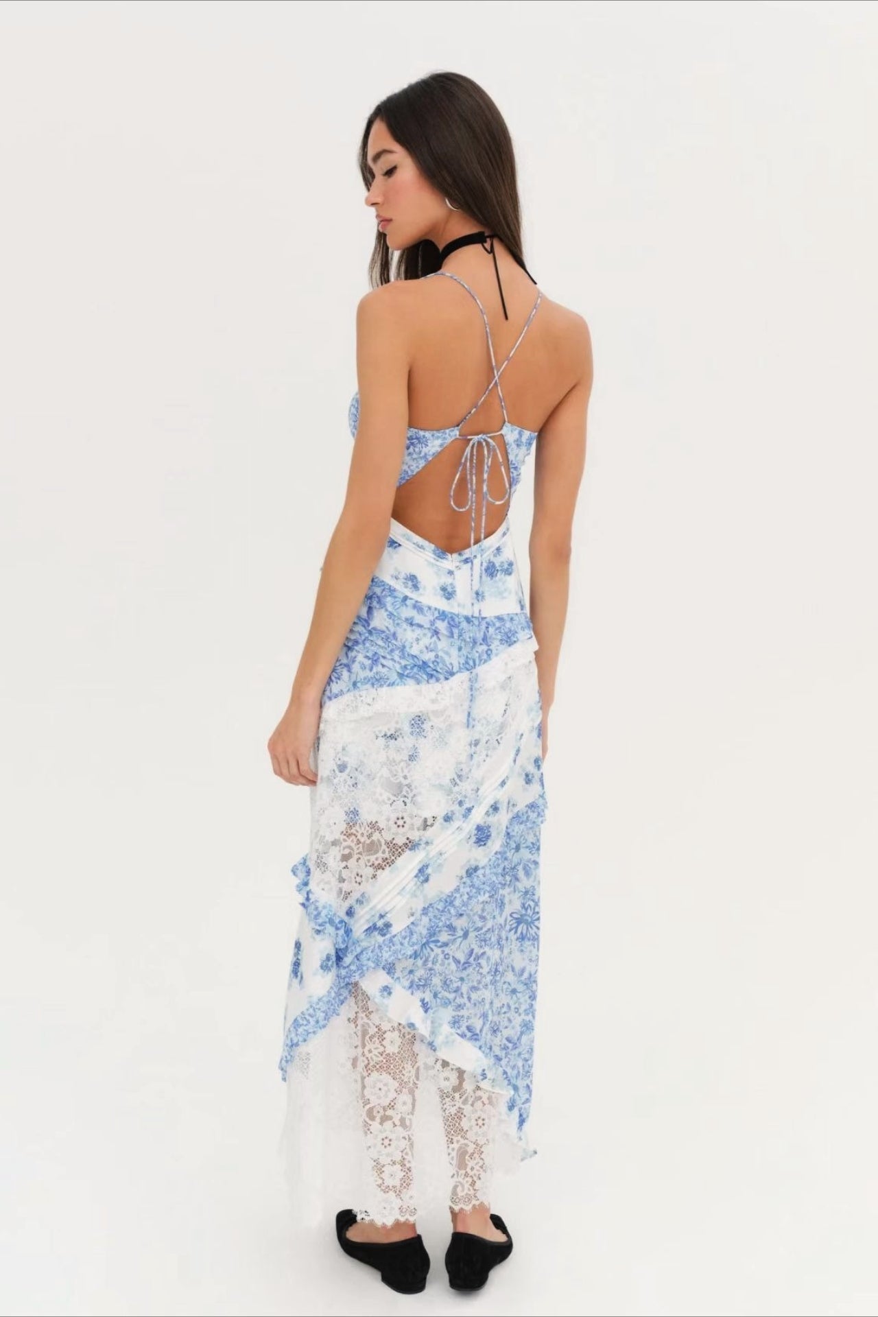 Deep V Neck Tie Front Patchwork Floral Lace Tiered Maxi Dress