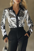 Unique Printed Satin Long-Sleeve Casual Shirt