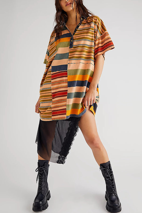 Denim Collar Striped Patchwork Polo Rugby Mini Dress