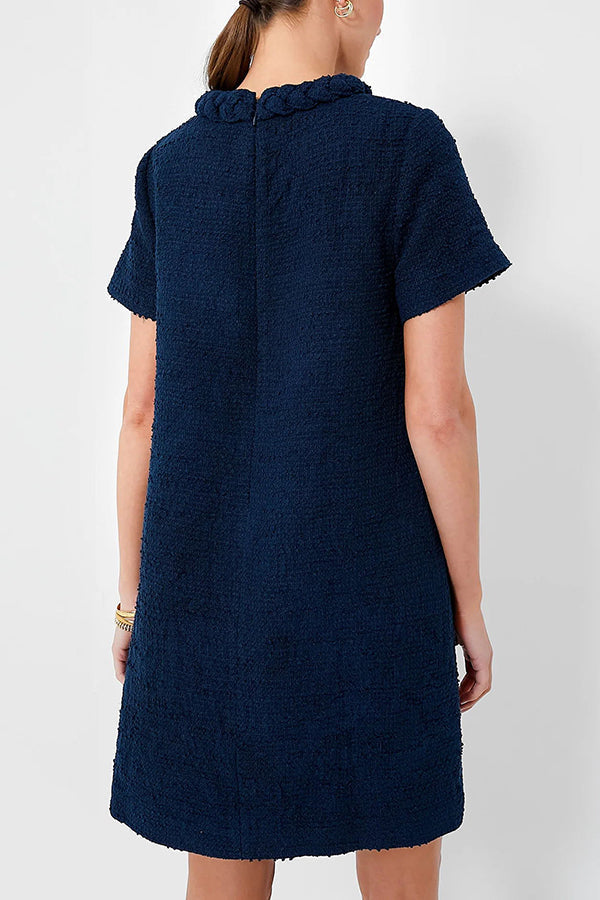 Tweed Braided Trim Crew Neck Button Welt Shift Mini Dress