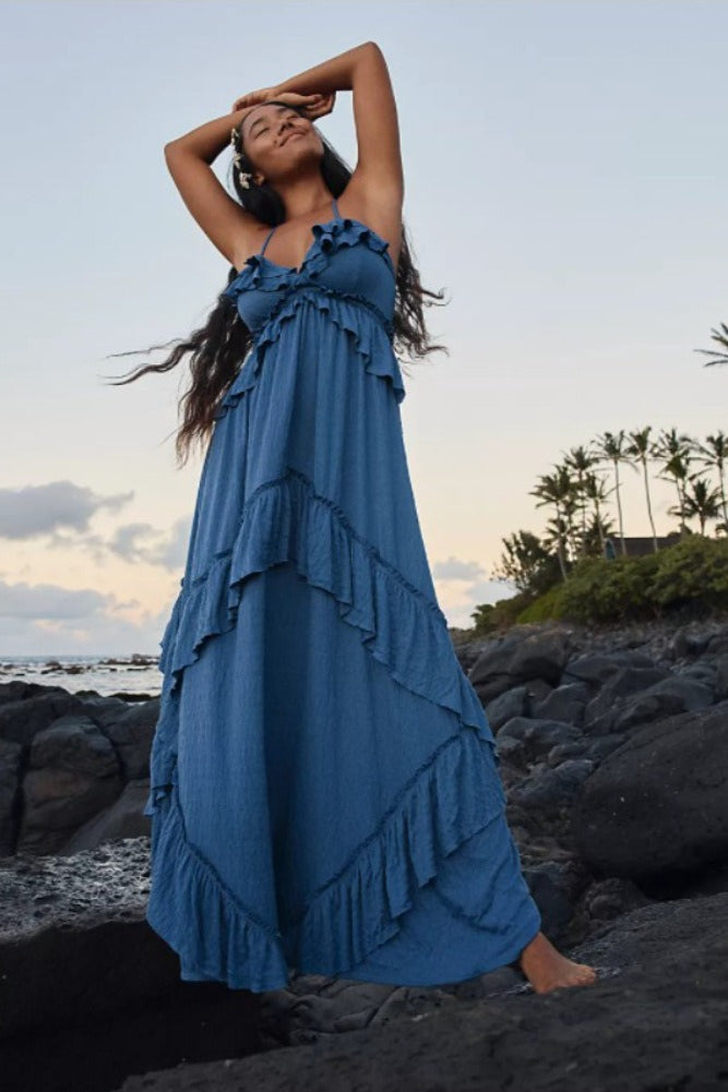 V-Neck Ruffled Spaghetti Strap Tiered Crinkle Texture Summer Maxi Dress