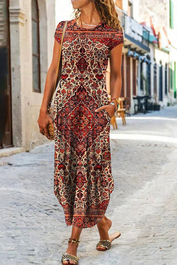 Ethnic Print Short Sleeve Pocket A-Line Maxi Dress