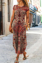 Ethnic Print Short Sleeve Pocket A-Line Maxi Dress