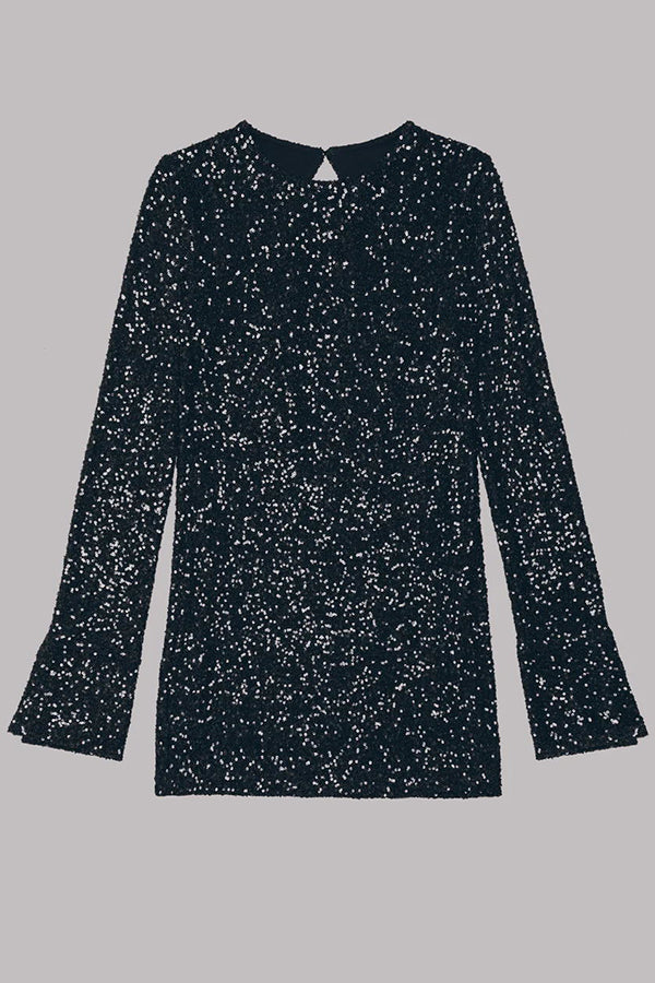 Sequin Open Back Oval Cutout Long Sleeve Mini Dress