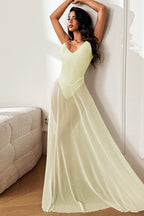 Mesh Overlay Deep V-Neck Spaghetti Strap A-Line Maxi Dress
