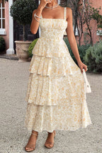 Square Neck Ruched Bust Toile Floral Print Tiered Maxi Dress