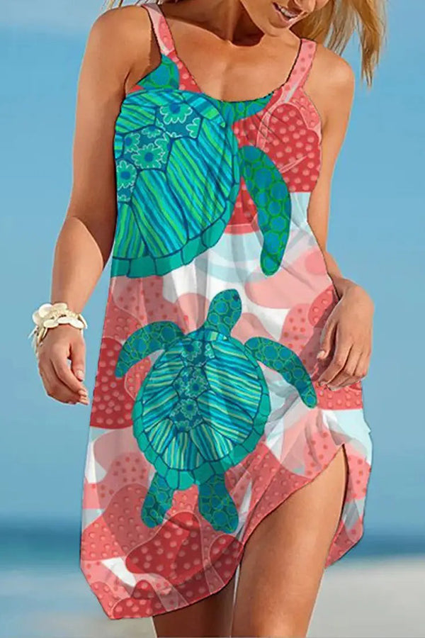 Sea Turtle Print Scoop Neck Tank Side Slit Beach Mini Dress