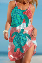 Sea Turtle Print Scoop Neck Tank Side Slit Beach Mini Dress