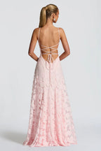 Spaghetti Strap Square Neck 3D Floral Lace Ruched Column Maxi Gown