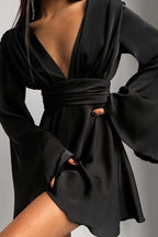 Satin Deep V-Neck Ruched Waist Flare Sleeve Mini Dress