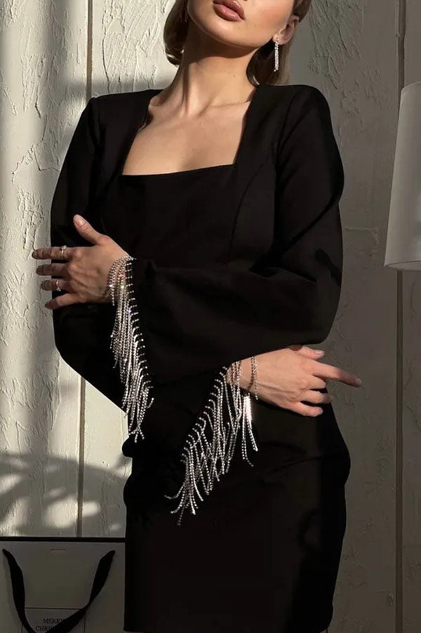 Rhinestone Fringe Bell Sleeve Arched Back Cutout Mini Dress