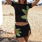 Beach Holiday 2 Piece Floral Print Sheer Mesh Short Sleeve T-Shirt + Mini A-Line Skirt Women Summer Cover-ups Crop Tops Outfits