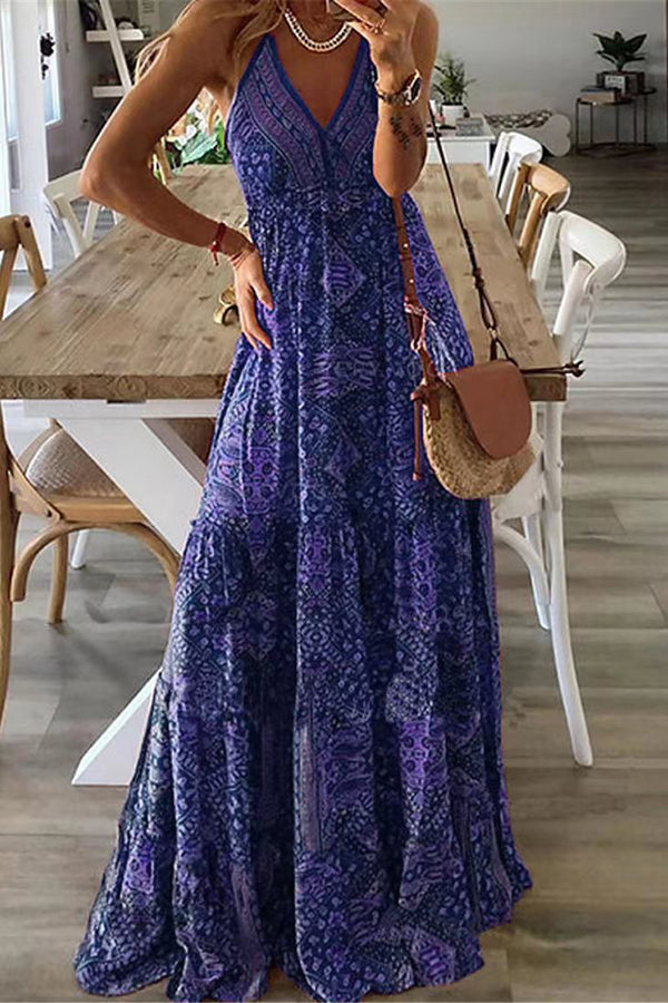 Paisley Print Deep V-Neck Spaghetti Strap Empire Waist Tiered Maxi Dress