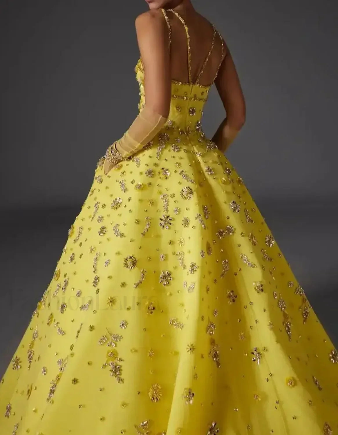 Yellow Beaded Floral Strap Maxi Dress