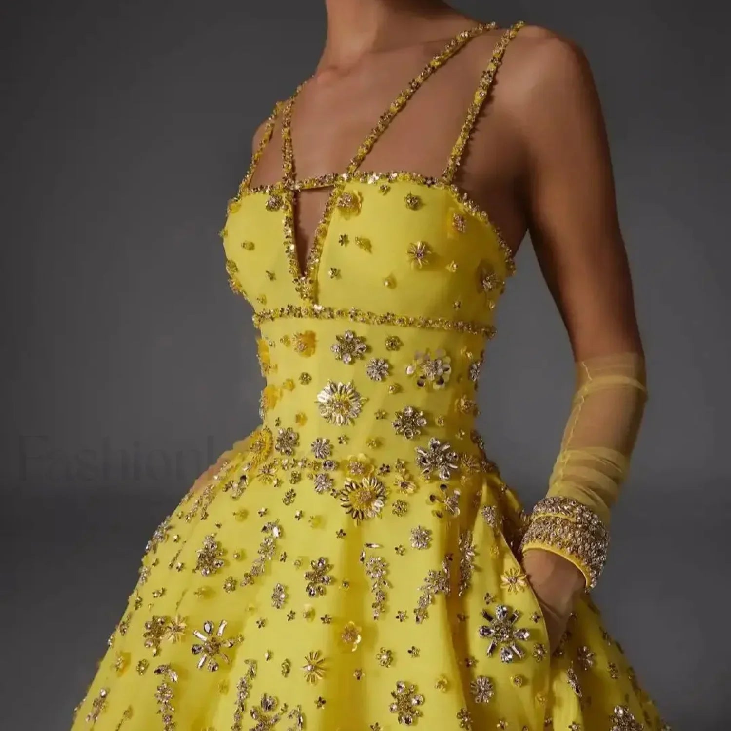 Yellow Beaded Floral Strap Maxi Dress