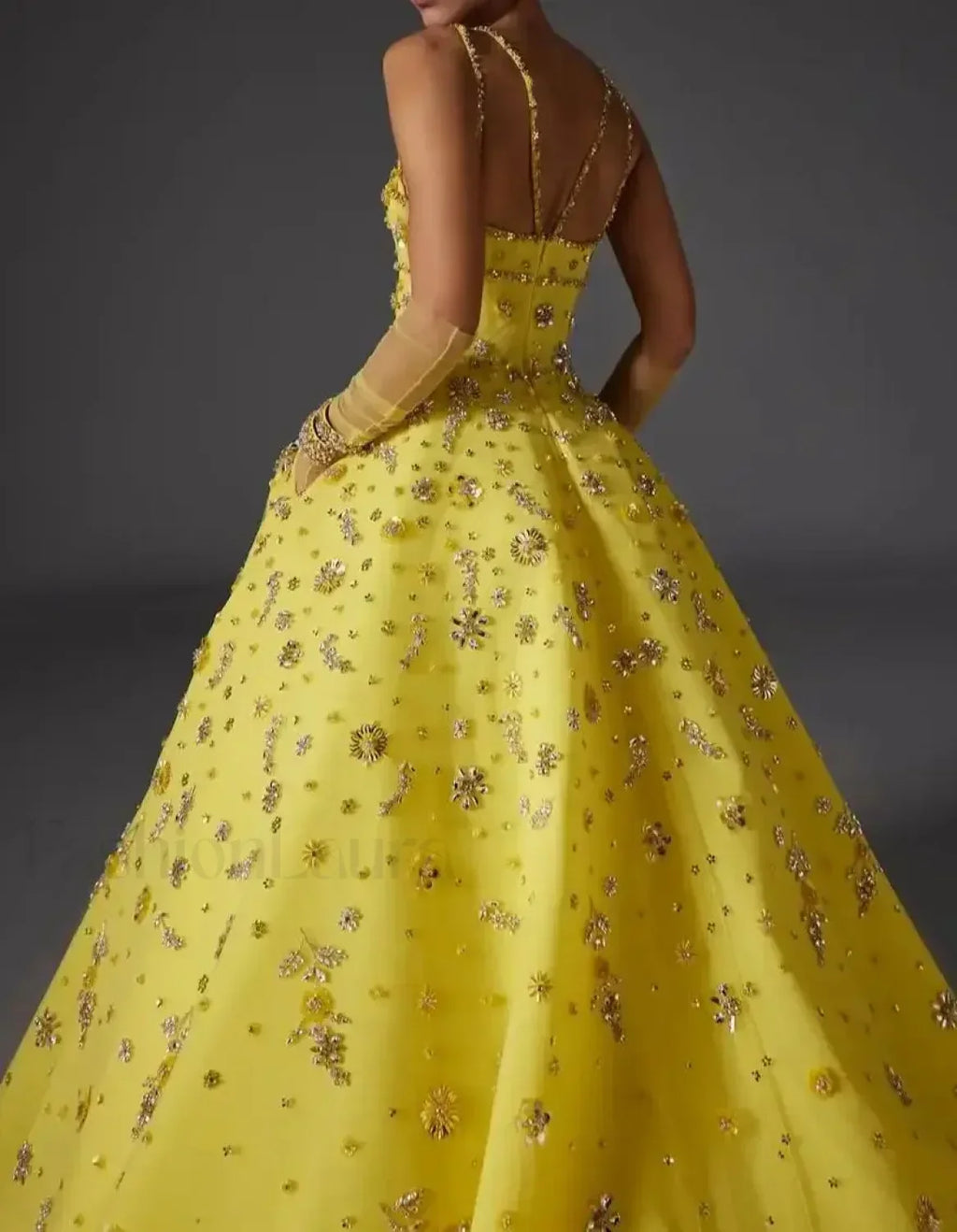 Yellow Beaded Floral Strap Maxi Dress
