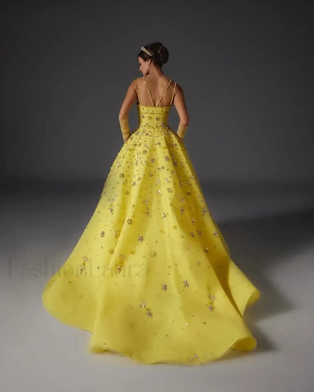 Yellow Beaded Floral Strap Maxi Dress