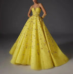 Yellow Beaded Floral Strap Maxi Dress