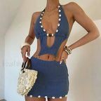 Blue Beaded Knit Metal Ring Mini Dress