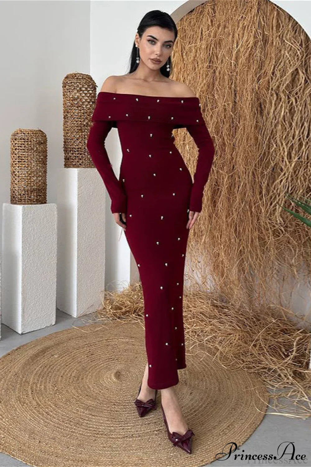 Beaded Off Shoulder Backless Long Party Dress