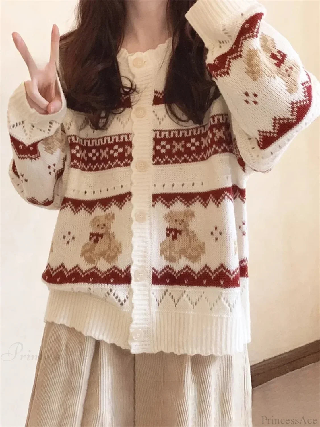 Bear Print Long Sleeve Button-Down Cardigan
