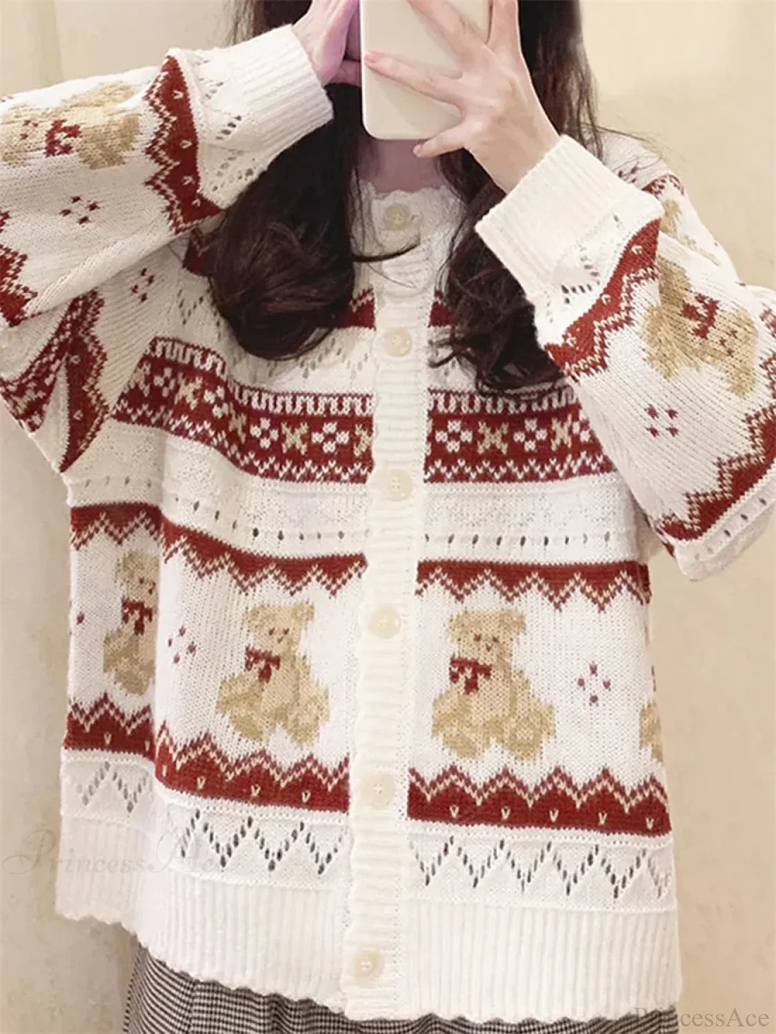 Bear Print Long Sleeve Button-Down Cardigan