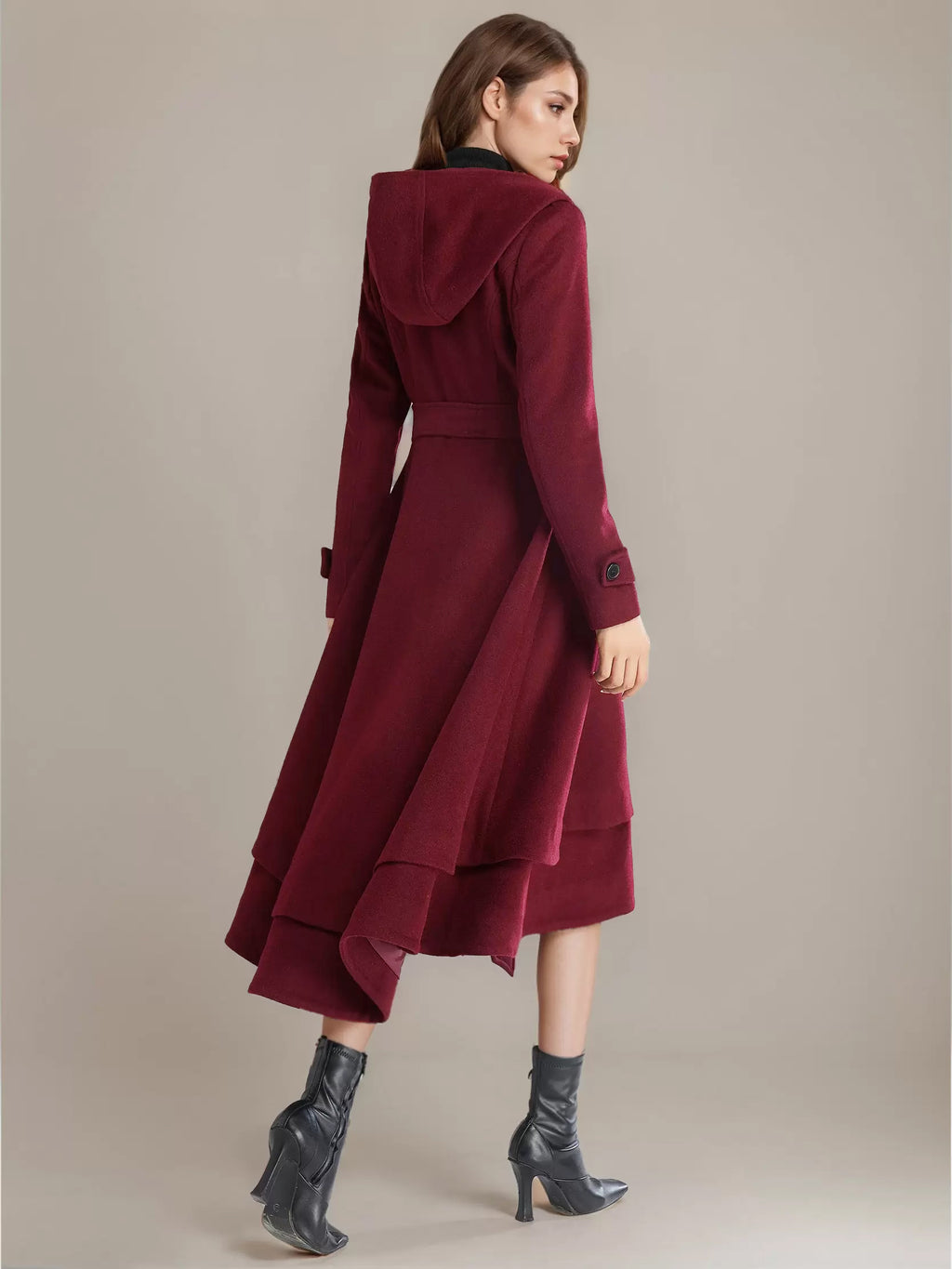 Woolen Flared Coat For Woman Hooded Belted A-line Vintage Winter Midi Outerwear 2026
