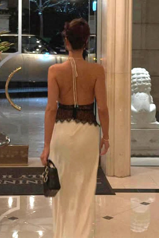 Satin Halter Deep V-Neck Lace Waist Panel Maxi Gown