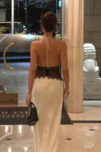 Satin Halter Deep V-Neck Lace Waist Panel Maxi Gown