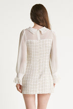 Mesh Yoke Peter Pan Collar Balloon Sleeve Tweed Pearl Trim Mini Dress