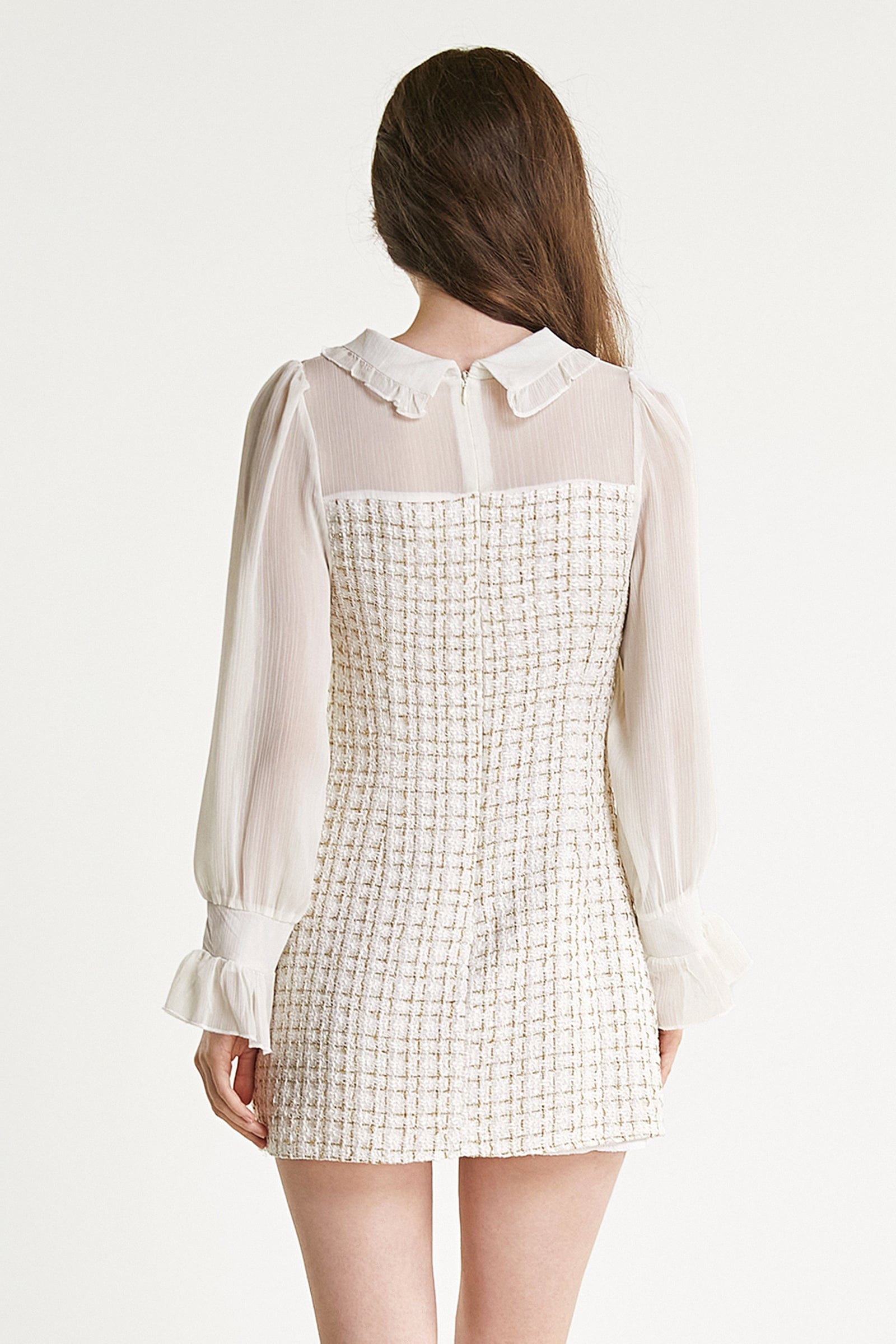 Mesh Yoke Peter Pan Collar Balloon Sleeve Tweed Pearl Trim Mini Dress