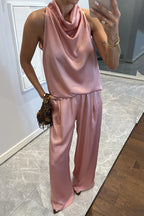 Classic on You Satin High Cowl Neck Top and Elastic Waist Pocket Loose Pants Set