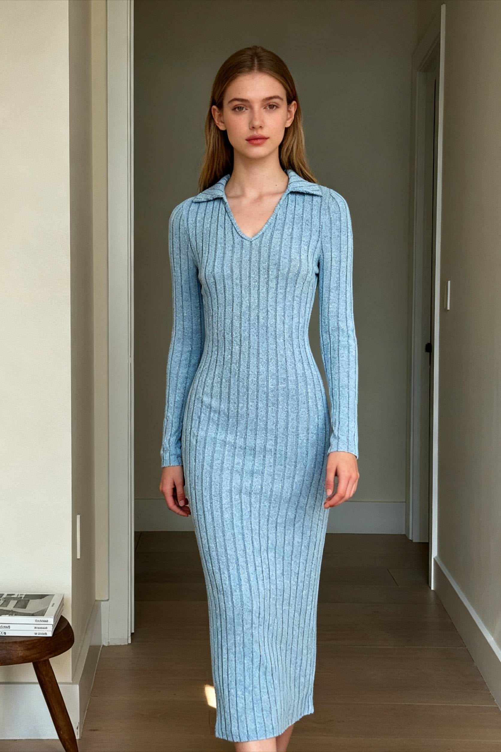 Rib Knit Polo Collar V-Neck Long Sleeve High Slit Maxi Dress