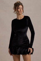 Velvet Pleated Hem Long Sleeve Party Dress