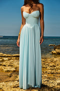 Strapless Sweetheart Pleated Bust Basque Waist Accordion Pleat Maxi Gown
