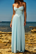 Strapless Sweetheart Pleated Bust Basque Waist Accordion Pleat Maxi Gown