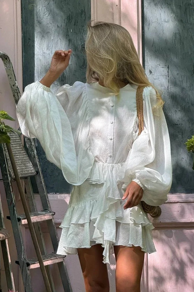 Button Front Round Neck Lantern Sleeve Tiered Ruffle Mini Dress