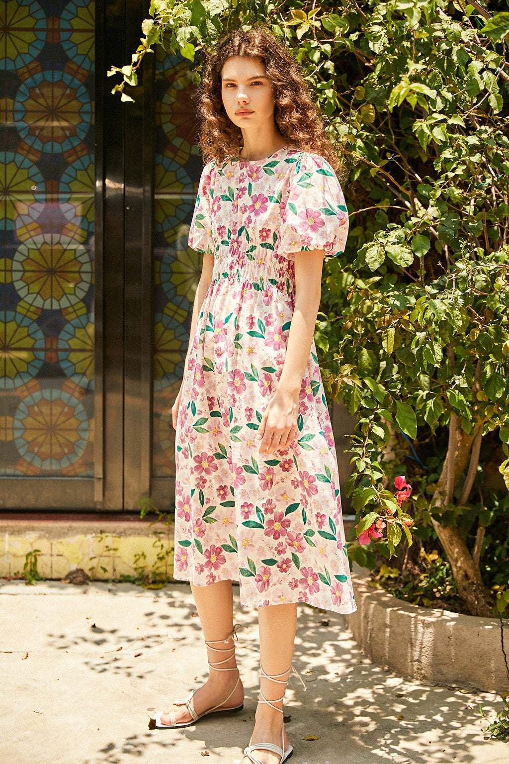 Floral Print Smocked Waist Puff Sleeve Crew Neck Midi Dress