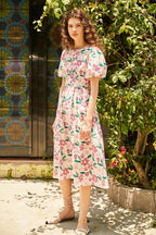 Floral Print Smocked Waist Puff Sleeve Crew Neck Midi Dress
