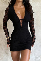 Floral Lace Deep V-Neck Cut Out Long Sleeve Bodycon Mini Dress