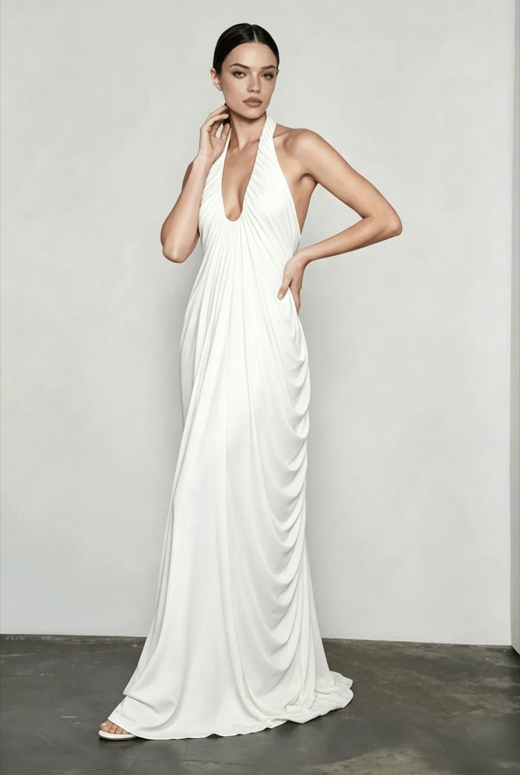 Halter Neck Deep V-Neck Draped Ruched Hip Column Maxi Gown