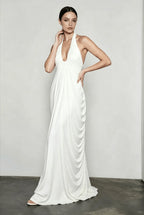 Halter Neck Deep V-Neck Draped Ruched Hip Column Maxi Gown