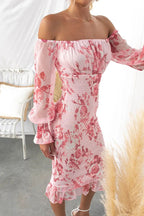 Off Shoulder Smocked Floral Print Sheer Balloon Sleeve Ruffle Hem Midi Dress