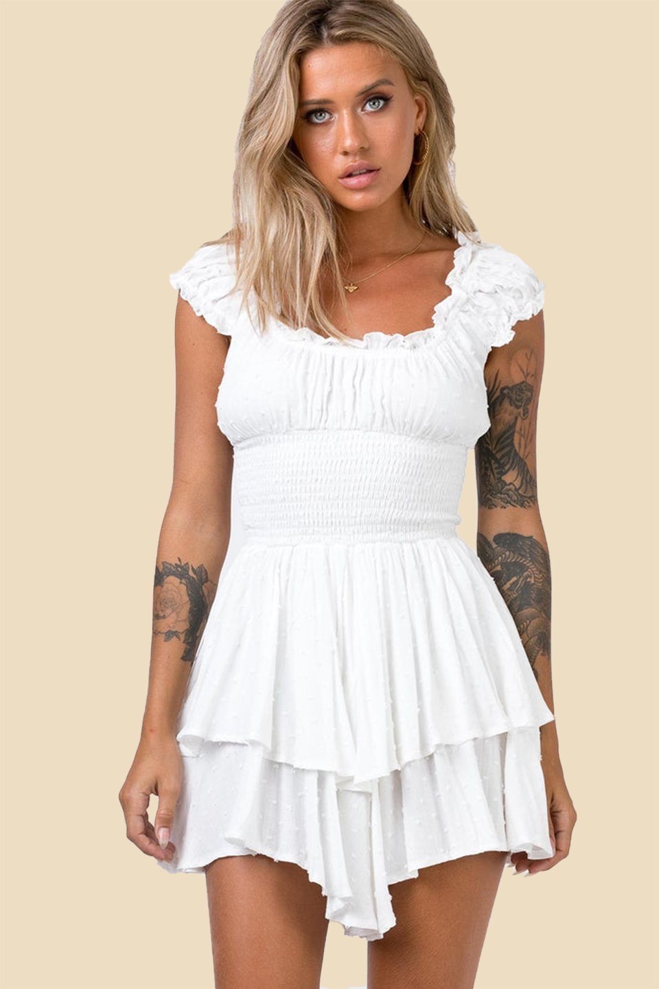Scoop Neck Cap Sleeve Smocked Tiered Ruffle Mini Dress